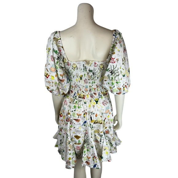 NEW Rhode Astrid Smocked Printed Dress Size L Puff Sleeve Picnic White Pleat - Picture 3 of 12